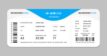 Realistic modern boarding pass design for Airline flight with detailed information. Blue airplane ticket design. Blank boarding pass template. Flight boarding pass from New York to Argentina