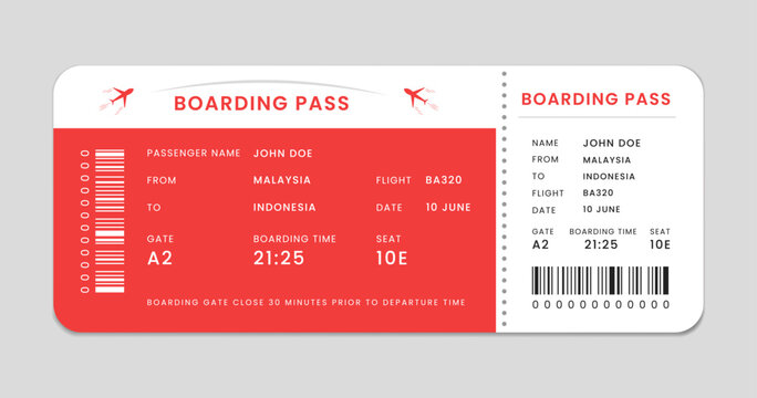 Boarding pass template with sample text and barcode. Blank boarding pass template isolated. Flight details, Travel concept.