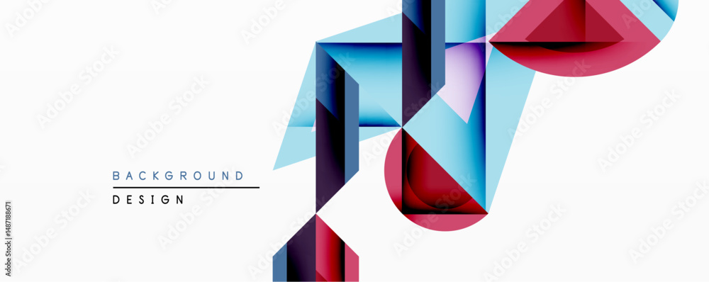 Poster abstract geometric design features vibrant polygonal shapes. blue, purple, red hues create dynamic c