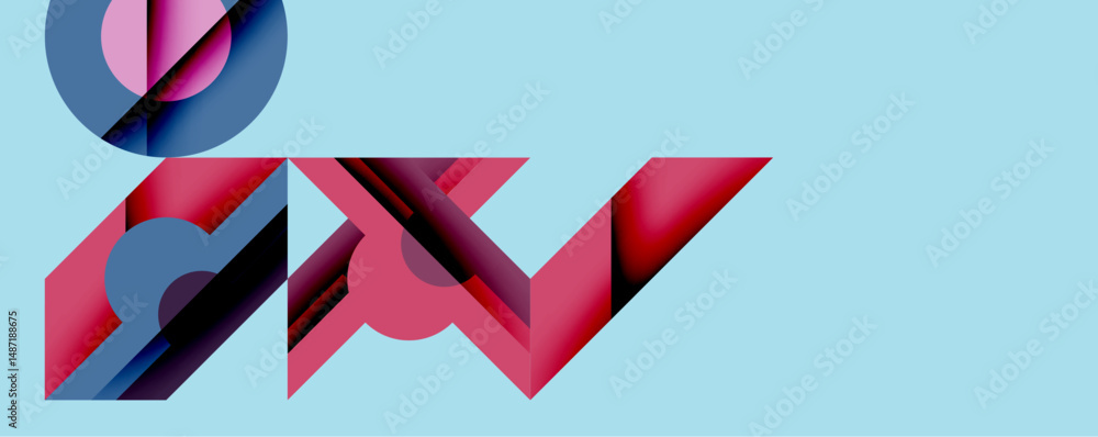 Poster Abstract geometric shapes overlap, creating dynamic composition. Pink, blue hues dominate light cyan background. Modern design evokes innovation, technology, visual interest.