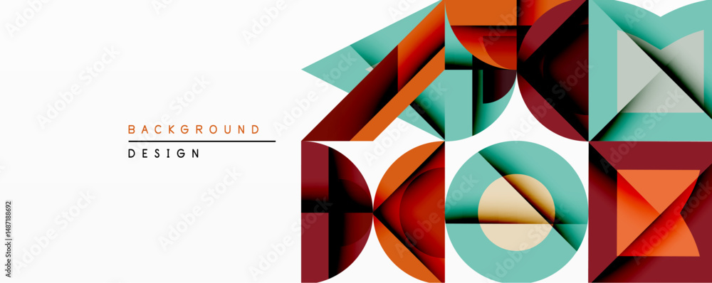 Aufkleber Geometric shapes overlap, creating vibrant abstract composition. Orange, teal, maroon dominate design. Modern aesthetic, clean lines, minimalist style. Background suitable for various projects.