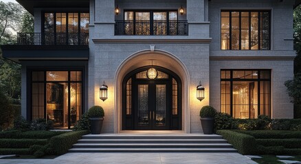 Elegant, modern home's grand entrance at dusk.