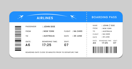 Boarding pass. Flight ticket design for travel and vacation. Editable airline boarding pass template. Blue and white airline ticket layout.