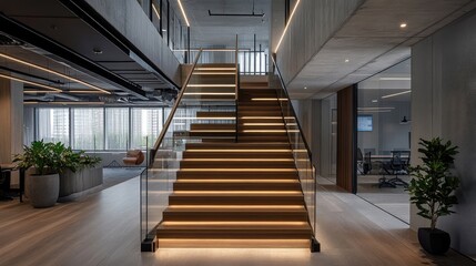 Illuminated staircase in modern office building with sleek design elements