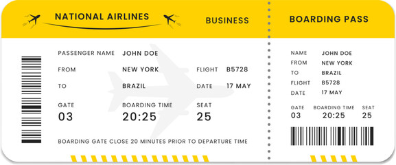 Travel boarding pass. Air plane ticket template. Airline flight pass concept. Isolated on white.