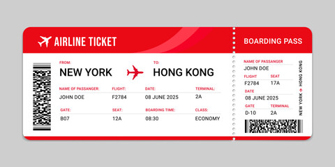Boarding pass ticket from New York to Hong Kong flight illustration. Airplane ticket template. Vector illustration of Airline flight pass concept. Air plane Boarding pass, vector