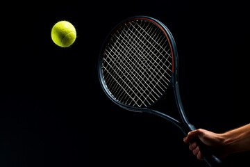Tennis ball approaching racket in mid-air with dramatic lighting. Hand gripping tennis racket ready...