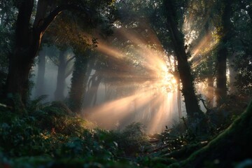 Sunbeams piercing through dense forest canopy, misty air, golden light rays, tranquil and magical woodland scene