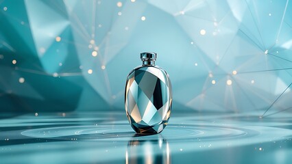 Elegant faceted bottle stands against a geometric teal background art