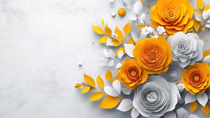 Creative arrangement of paper flowers in gray and yellow.