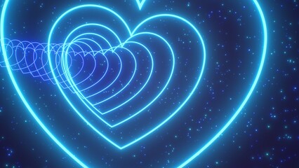 Moving Slowly Through Blue Neon Love Heart 3D Tunnel Glowing Light - Abstract Background Texture