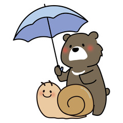大きなかたつむりに傘をさすクマ