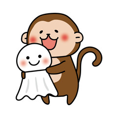 大きなてるてる坊主を持っている猿