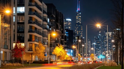 Fototapeta premium Illuminated Chicago Skyline at Night with Modern Architecture and Traffic Light