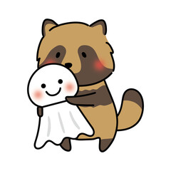 大きなてるてる坊主を持っているタヌキ