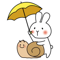 大きなかたつむりに傘をさす白いうさぎ