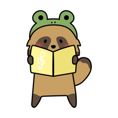 蛙の被り物をして歌をうたうタヌキ