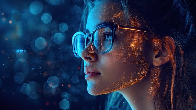 Female IT Specialist Analyzing Code and Data, Focusing on Cybersecurity and Augmented Reality Effects