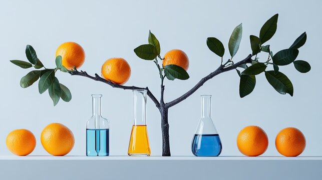 Ferulic Acid Design. Branch with Oranges and Laboratory Glassware on a White Background for Nature and Science.