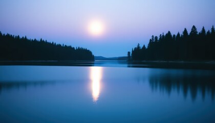 Fototapeta premium a clear blue lake reflecting the soft glow of a rising full moon
