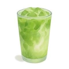 Iced green tea latte in clear glass with creamy swirls and ice cubes, refreshing cold beverage perfect for hot day