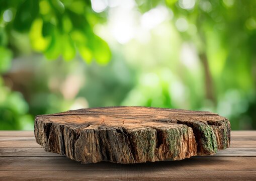Rustic wooden slab on a table outdoors.