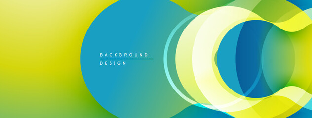 Abstract vibrant design. Overlapping circles create flowing shapes, gradients transition from yellow to blue. Modern, clean aesthetic.