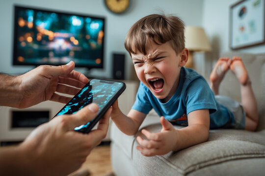 Young boy shouting at smartphone, expressing frustration. Suitable for depicting technology addiction, anger management, online communication challenges, and generational conflicts.	
