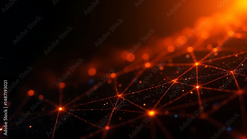 Poster abstract futuristic network connections represented by glowing dots and lines on a dark background.