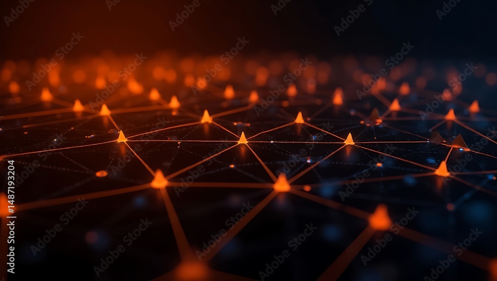 Aufkleber abstract digital network concept with glowing orange nodes connected by lines in futuristic design.