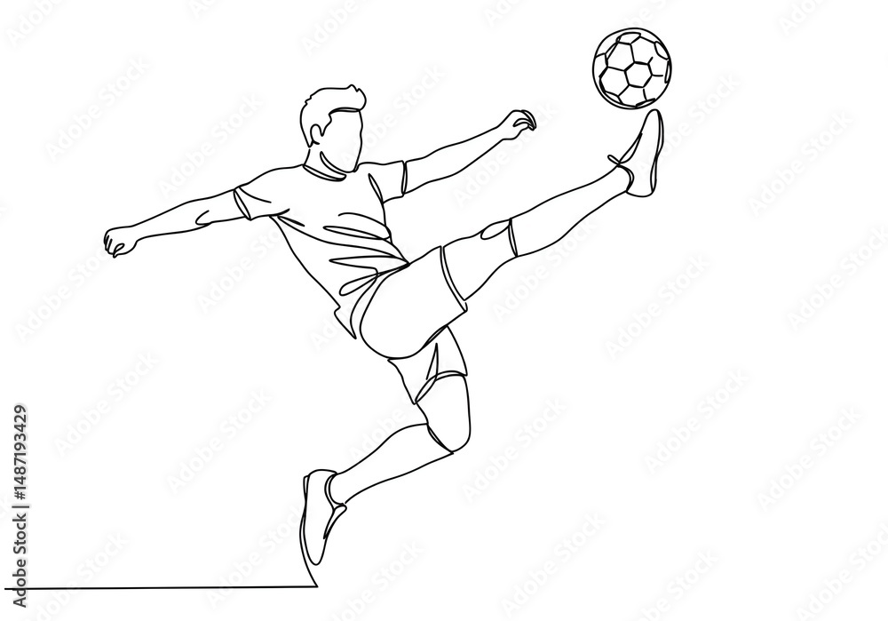 Poster a continuous line drawing of a soccer player kicking a ball in a dynamic pose on a white background