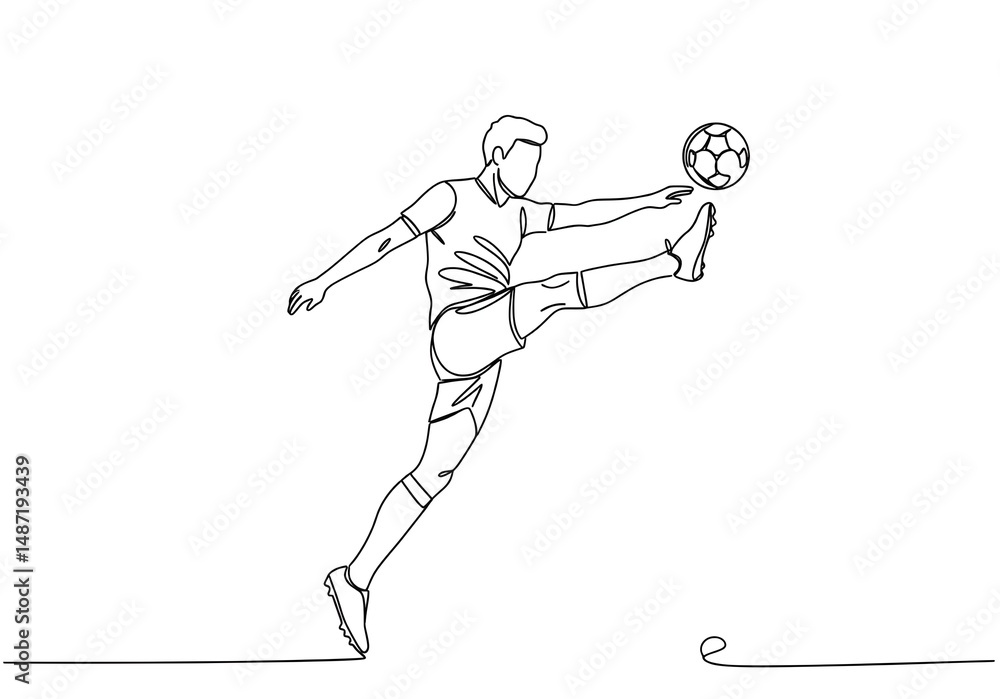 Aufkleber continuous line drawing of a soccer player kicking a ball in a dynamic pose on a white background ar