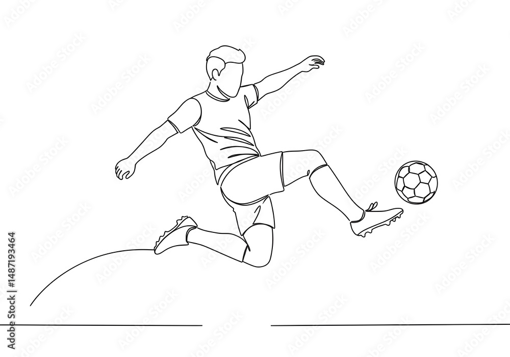 Poster a continuous line drawing of a soccer player kicking a ball while jumping in the air on a white back