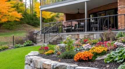 Obraz premium Captivating Colorful Flowerbed landscaping surrounding a Suburban house exterior