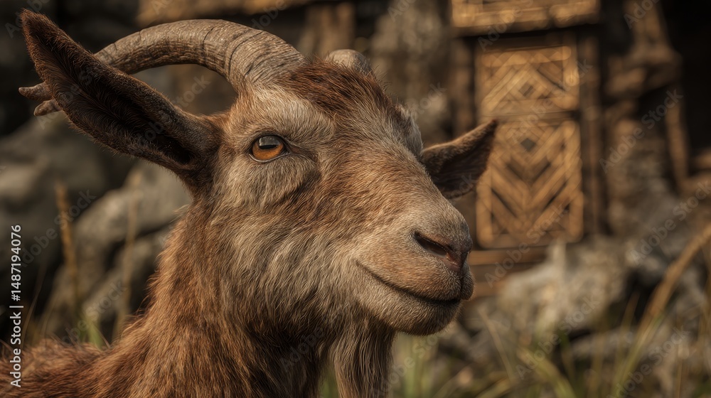 Poster close-up view of a goat with a friendly expression.