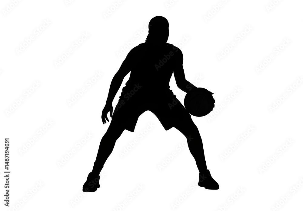 Poster silhouette of a basketball player dribbling a ball on a white background in a dynamic action pose