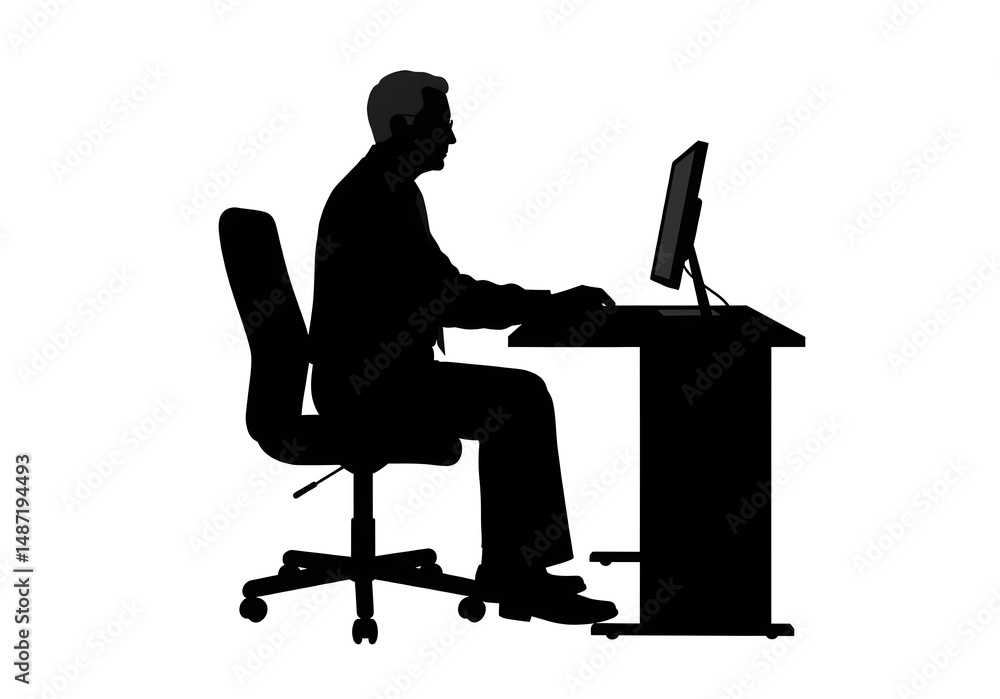 Poster silhouette of a man sitting at a desk working on a computer in a white background studio shot