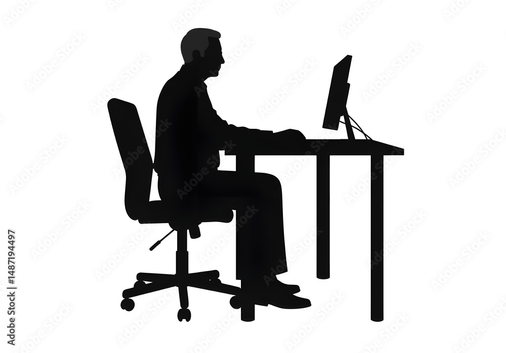 Poster silhouette of a person sitting at a desk with a computer on a white background in a side view image