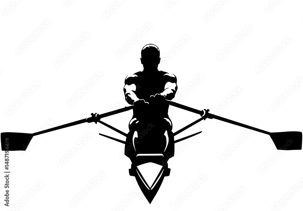 Poster silhouette of a rower in a boat with oars extended on a white background in a high contrast image