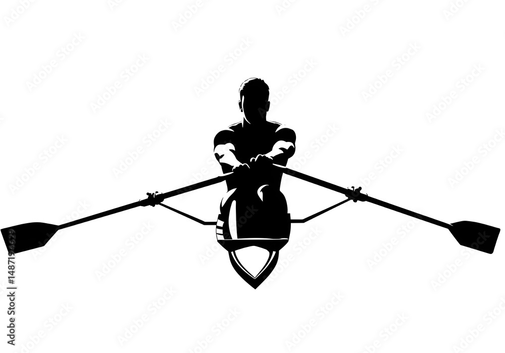 Poster a silhouette of a rower in a boat with oars extended against a white background in a vector image