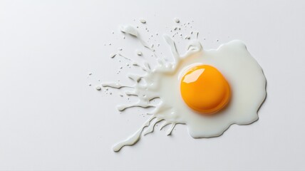 Raw Egg Yolk and White Splattered on White Background, Top View egg yolk white raw egg broken egg