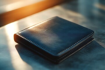 Black leather wallet lying on gray table in warm sunlight
