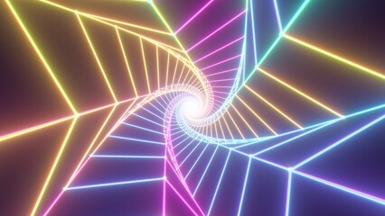 Rainbow Twisted Star Shape Wireframe 3D Neon Glowing Endless Tunnel - Abstract Background Texture