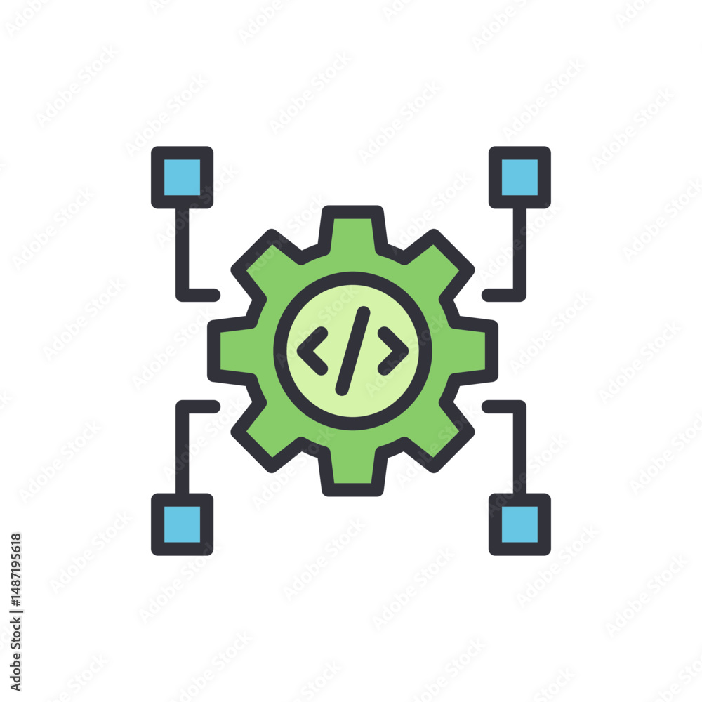 Poster green gear with code symbol representing software development process