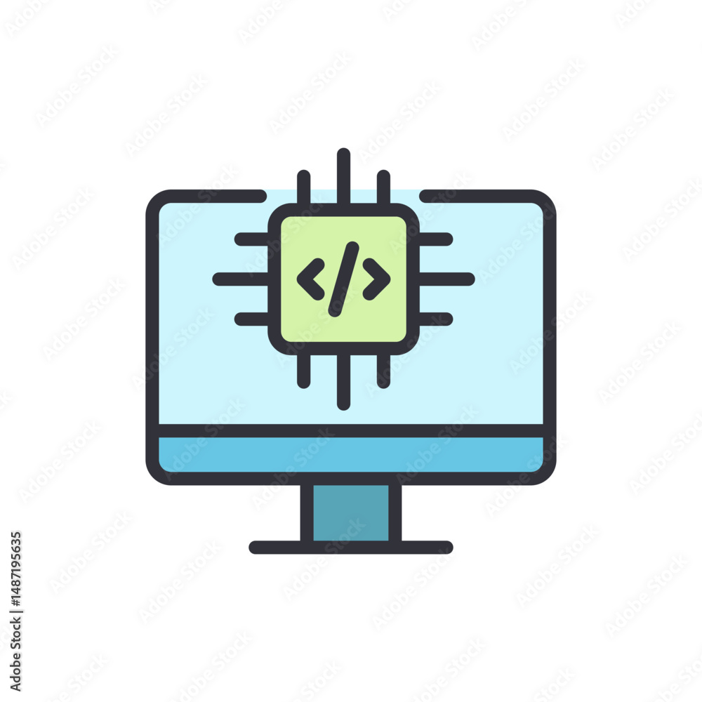 Poster modern illustration of a computer with coding symbol on the screen