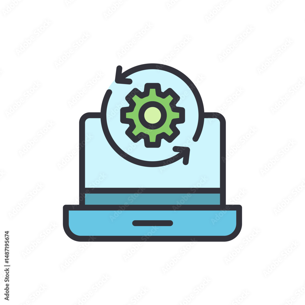 Poster computer setting configuration with gear and rotating arrows icon