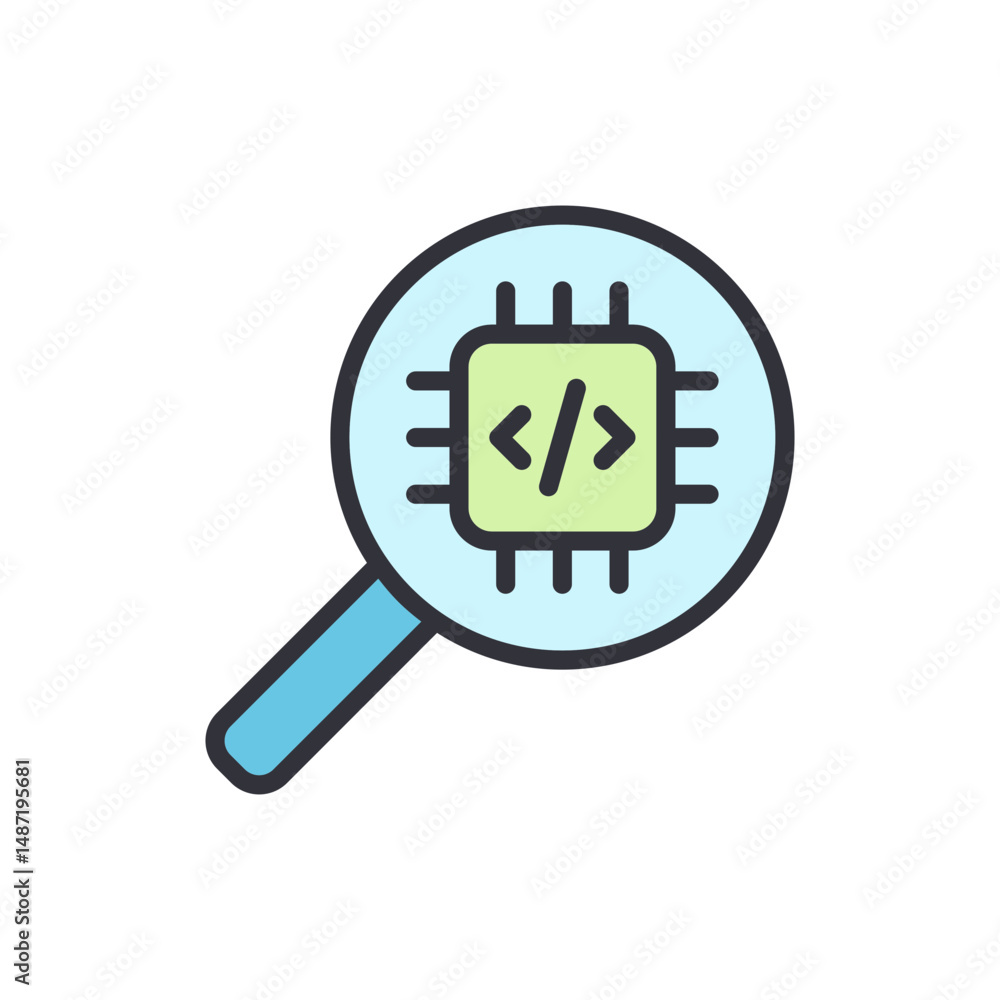 Poster analyzing code a magnifying glass inspecting a microchip software development