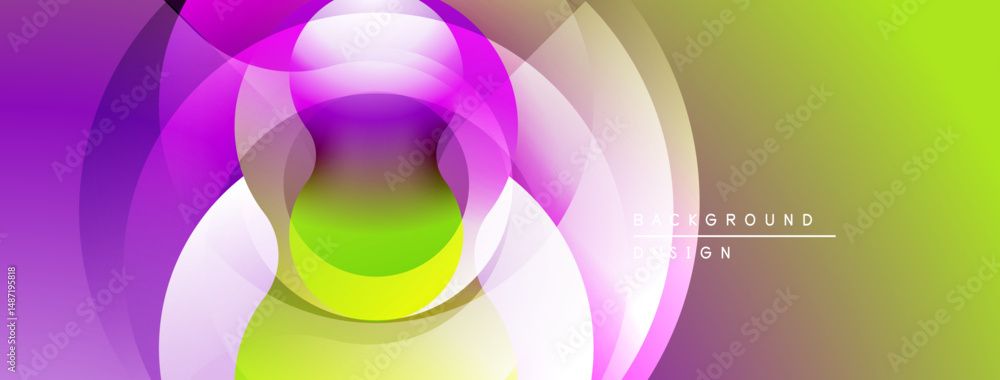 Poster Abstract vibrant circles overlap, creating dynamic gradient effect. Smooth transitions between purple, green, yellow hues dominate composition.