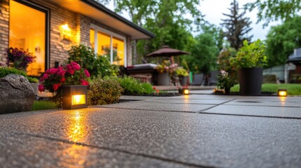 Obraz premium Tranquil Backyard Oasis Featuring Ambient Lighting and Lush Landscaping