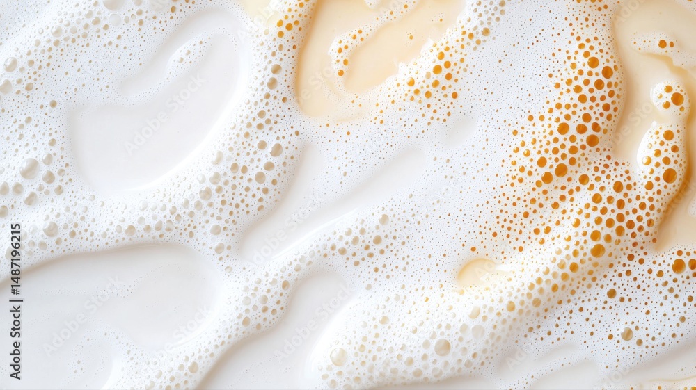 Poster abstract macro background of white foam and yellow liquid texture foam bubbles liquid texture macro
